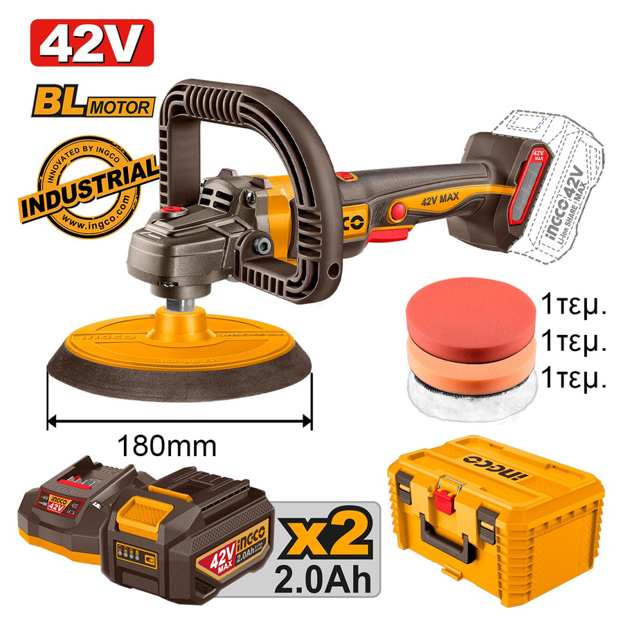 Ingco Αλοιφαδόρος Μπαταρίας 42V Li-Ion (Ø180mm) + Βαθιά Εργαλειοθήκη (19") - APLI42182E